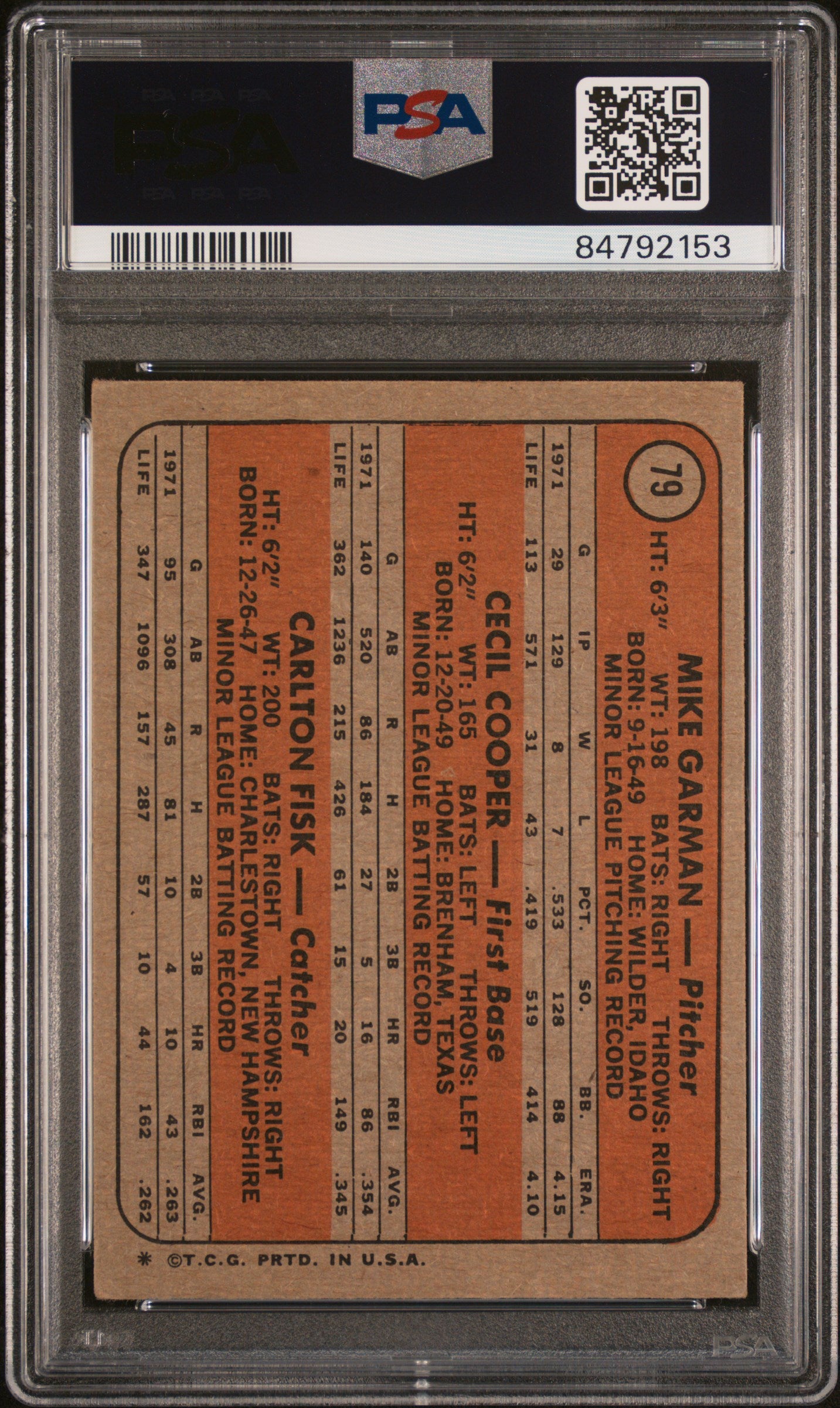 1972 Topps #79 Carlton Fisk Red Sox Rookies / PSA 5 / C2153