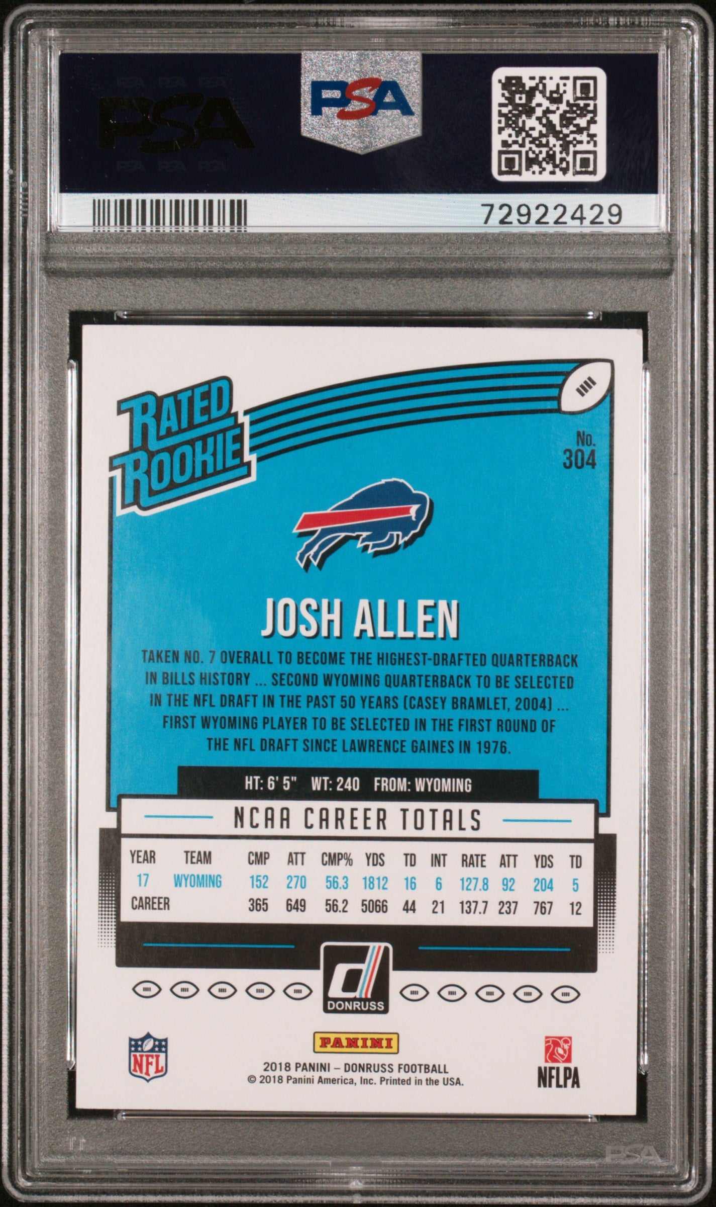 2018 Donruss #304 Josh Allen RC / PSA 8 / C2429