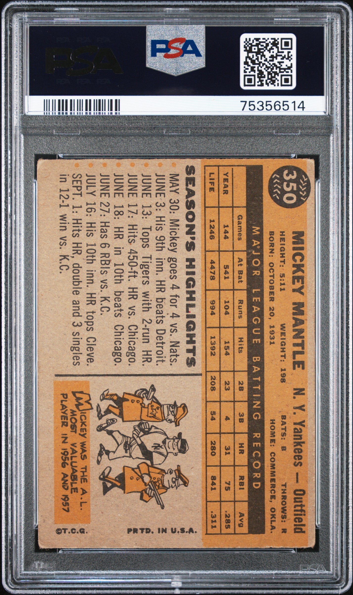 1960 Topps #350 Mickey Mantle / PSA 1 - Fresh Case