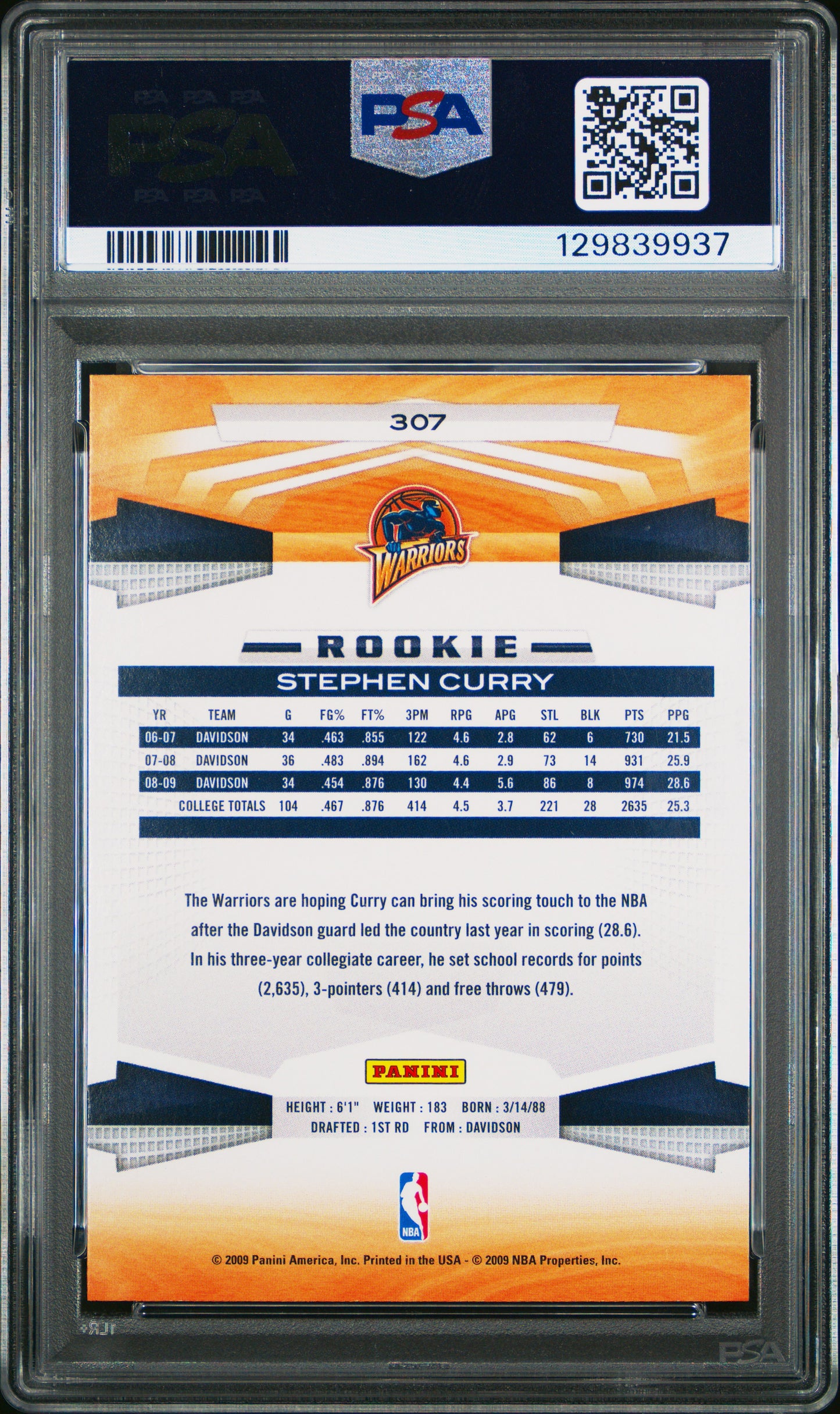 2009 Panini #307 Stephen Curry RC / PSA 8 / C9937