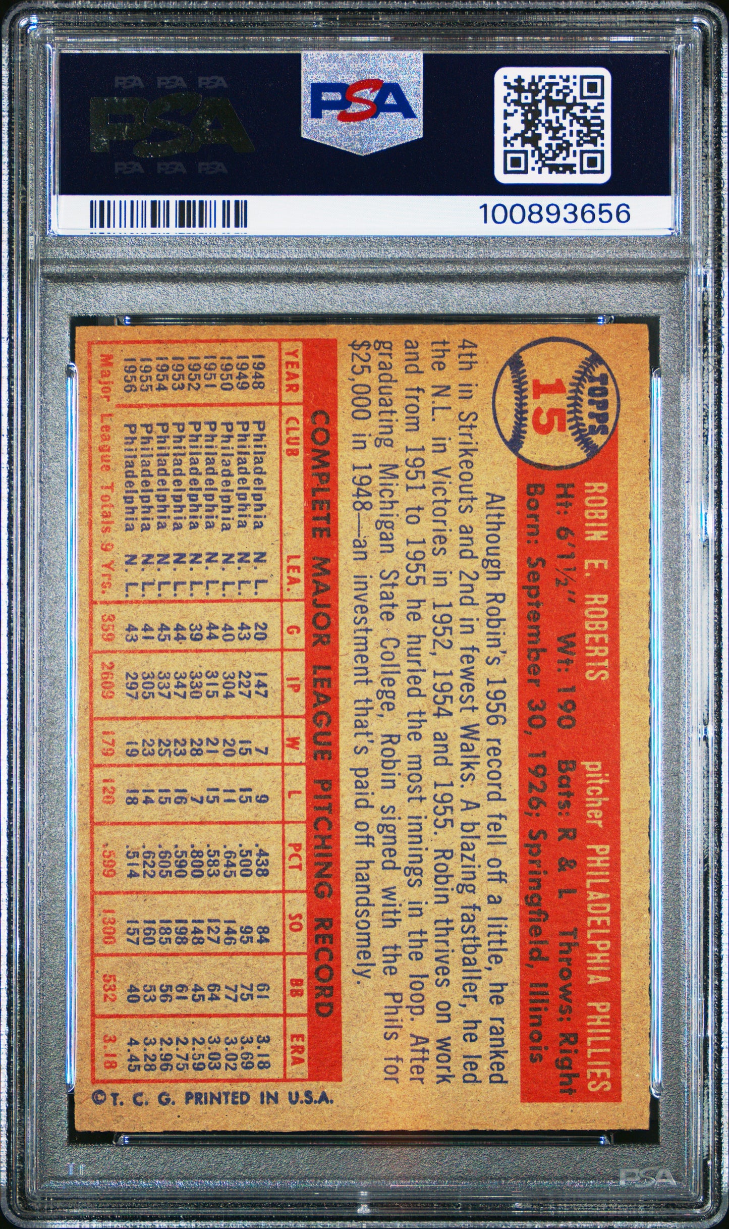 1957 Topps #15 Robin Roberts / PSA 6 / C3656