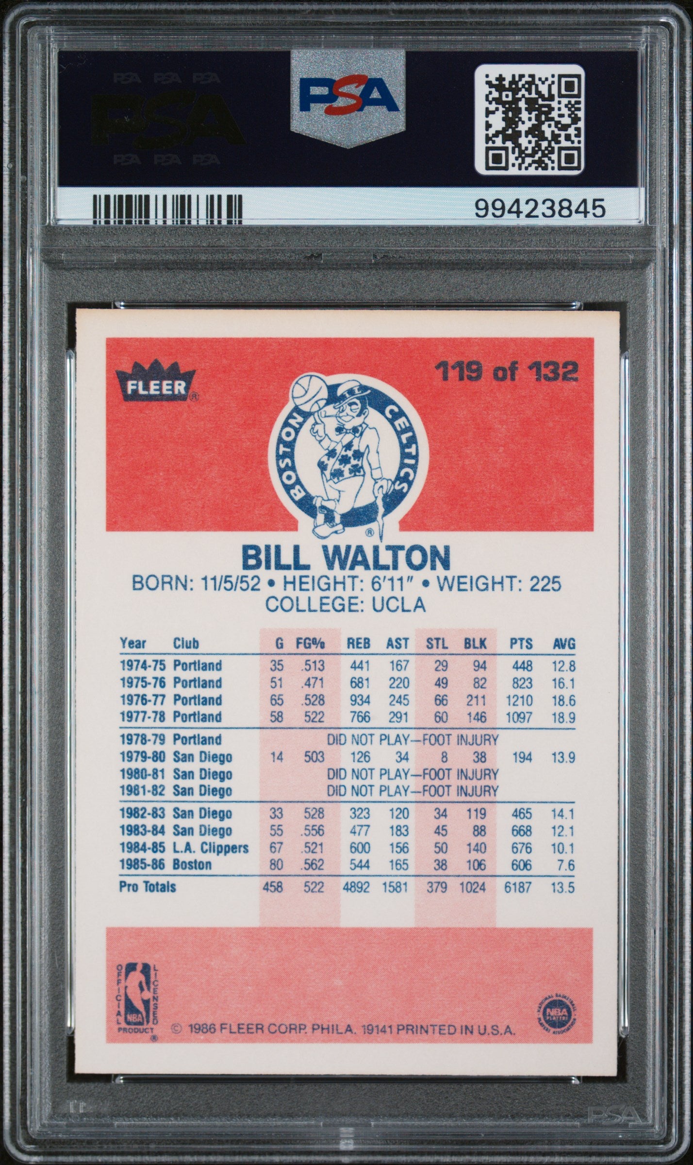 1986 Fleer #119 Bill Walton/ PSA 8 / C3845