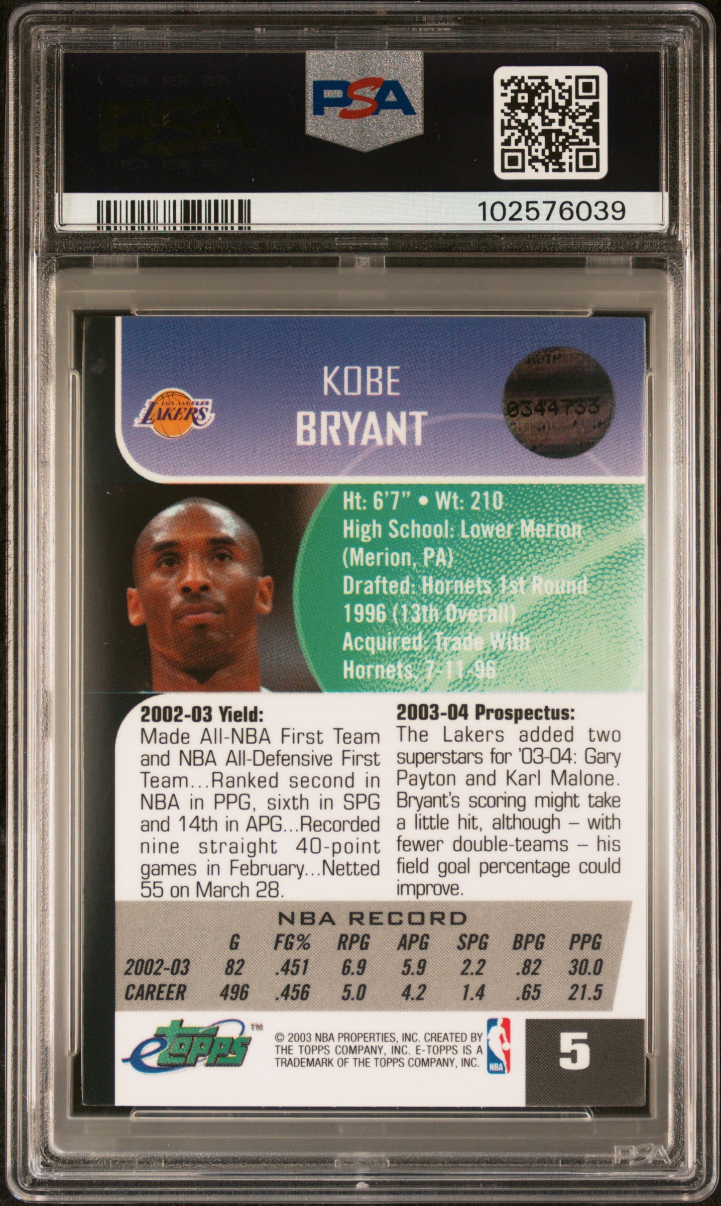 2003 eTopps Basketball #5 Kobe Bryant / PSA 9 / C6039